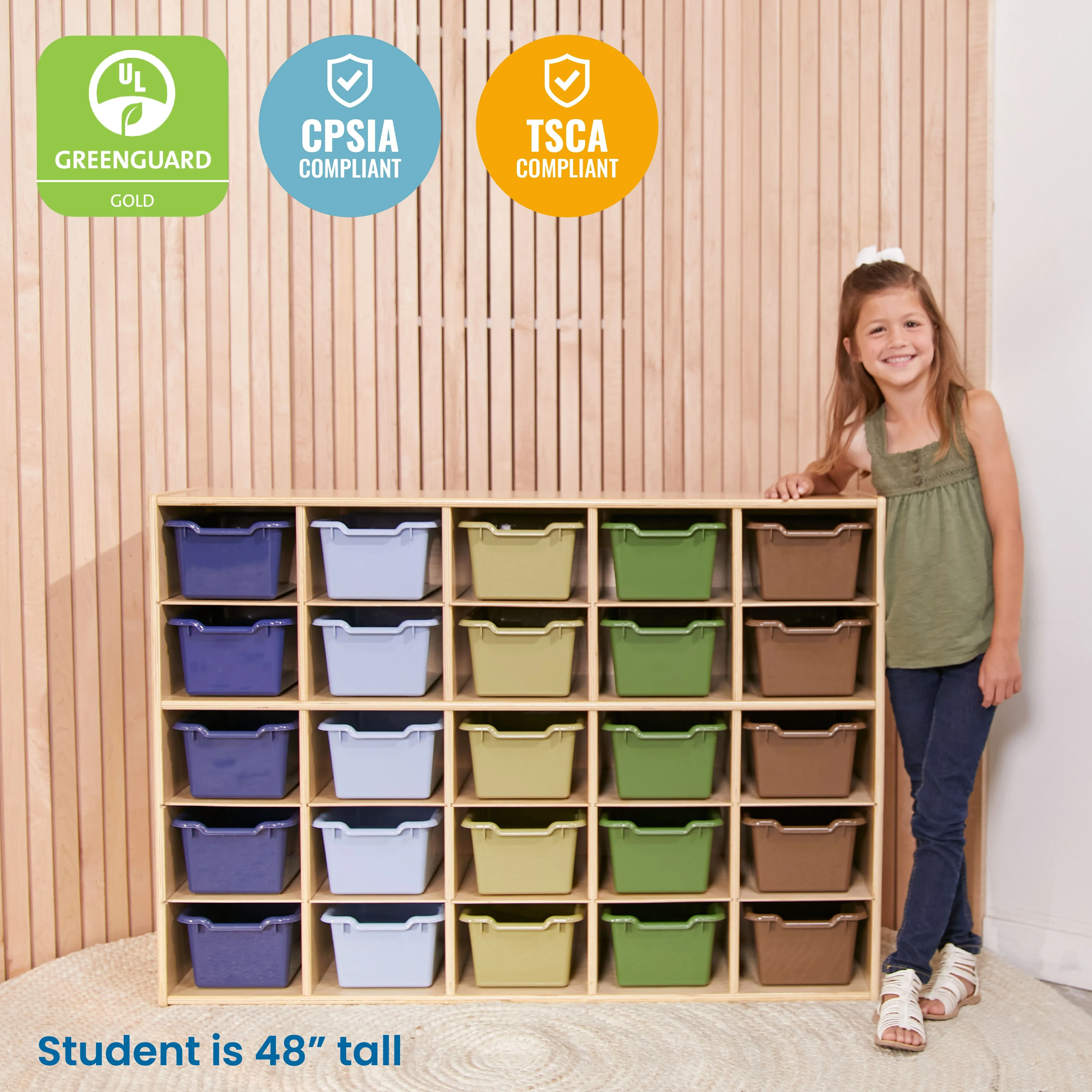 Streamline 25 Cubby Tray Cabinet with Scoop Front Storage Bins, 5x5, Natural, Classroom Furniture