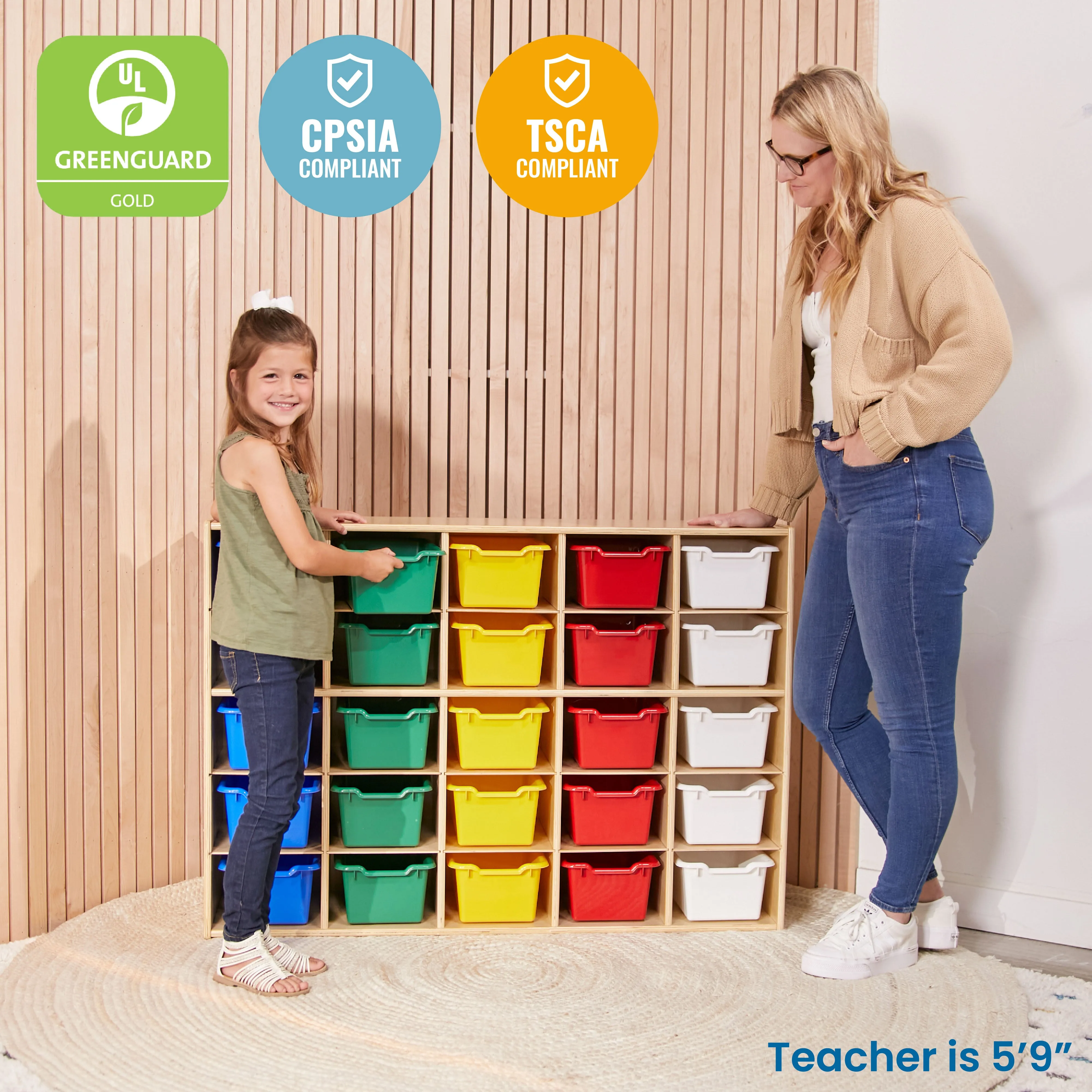 Streamline 25 Cubby Tray Cabinet with Scoop Front Storage Bins, 5x5, Natural, Classroom Furniture