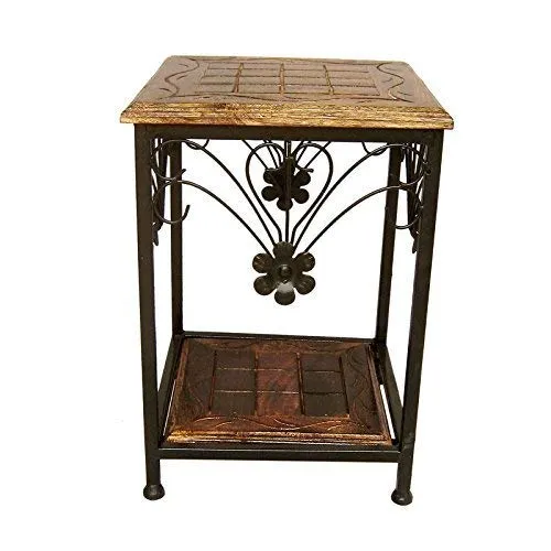 Stylish Art Maker Bedside Table Sitting Stool Coffe Side Table with Shelf Storage Natural Wooden Iron Base Medium Size for Bedroom and Living Room Kitchen Table (11X11X 18 INCHES)