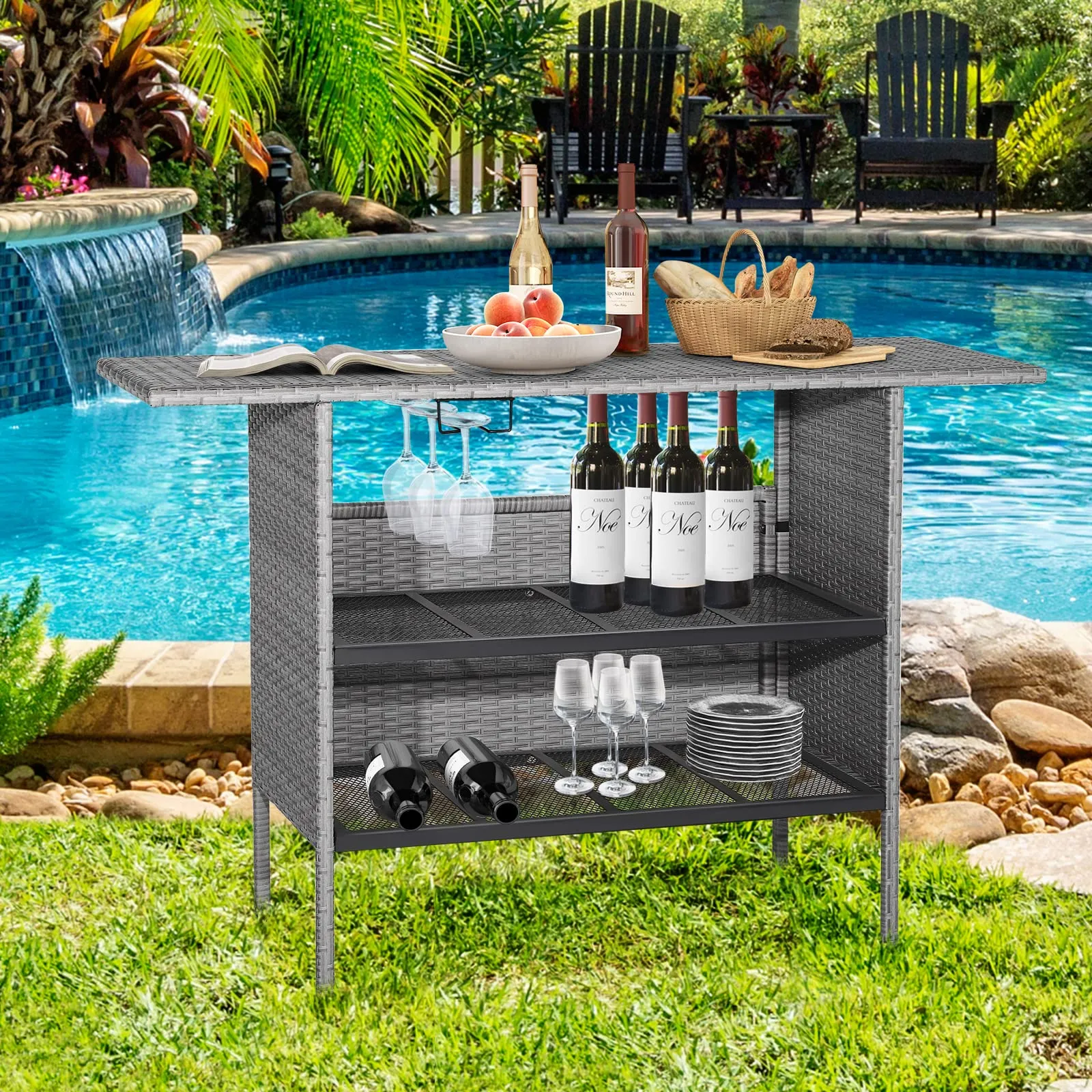 Tangkula Outdoor Wicker Bar Table