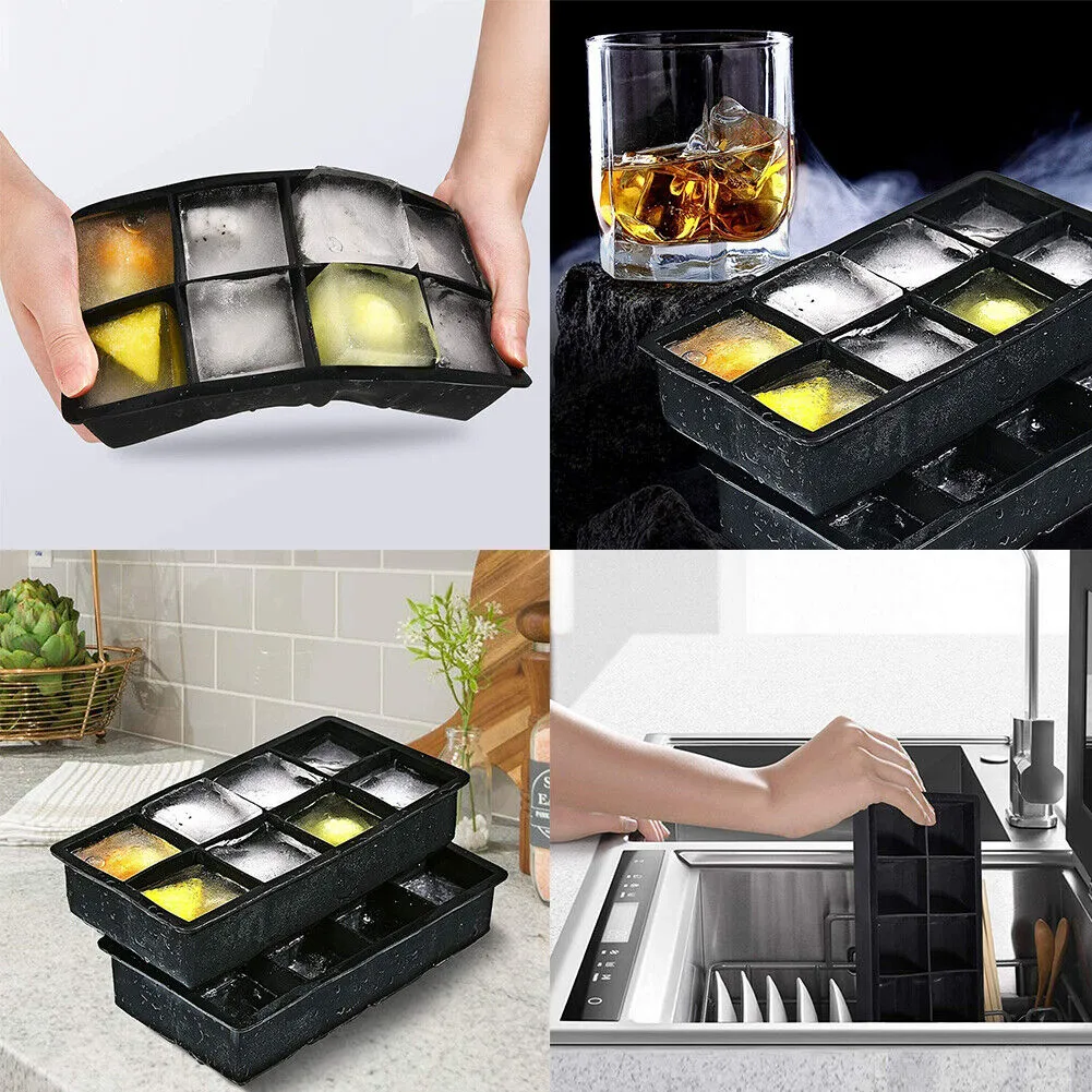 US 4-8 Pack  Ice Cube Trays with Lids Large Size Silicone Square Ice Cube Molds