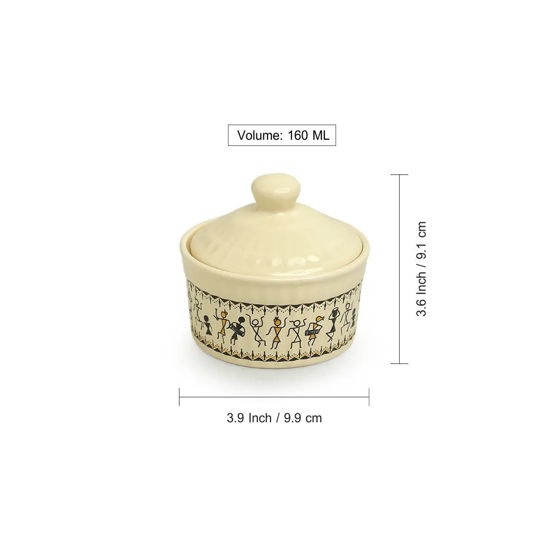 'Whispers of Warli' Handcrafted Ceramic Chutney & Pickle Holders (Set of 2, 160 ML, Microwave Safe)