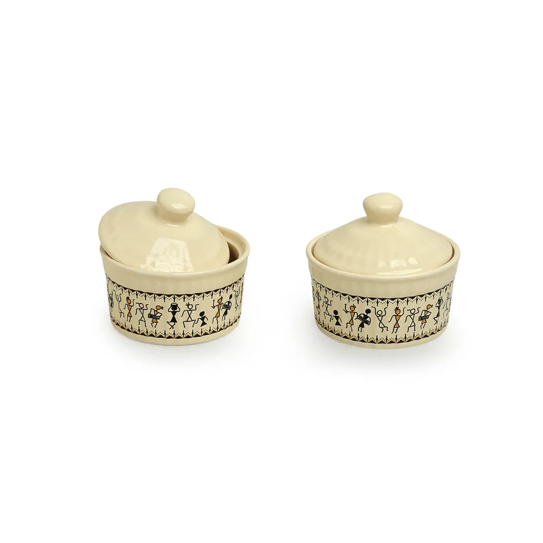 'Whispers of Warli' Handcrafted Ceramic Chutney & Pickle Holders (Set of 2, 160 ML, Microwave Safe)