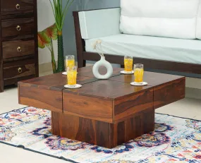 WOODEFLY Sheesham Wooden Coffee Table for Living Room | Square Centre Table | Solid Wood Coffee Table with No Storage | Tea Table in Maple Finish