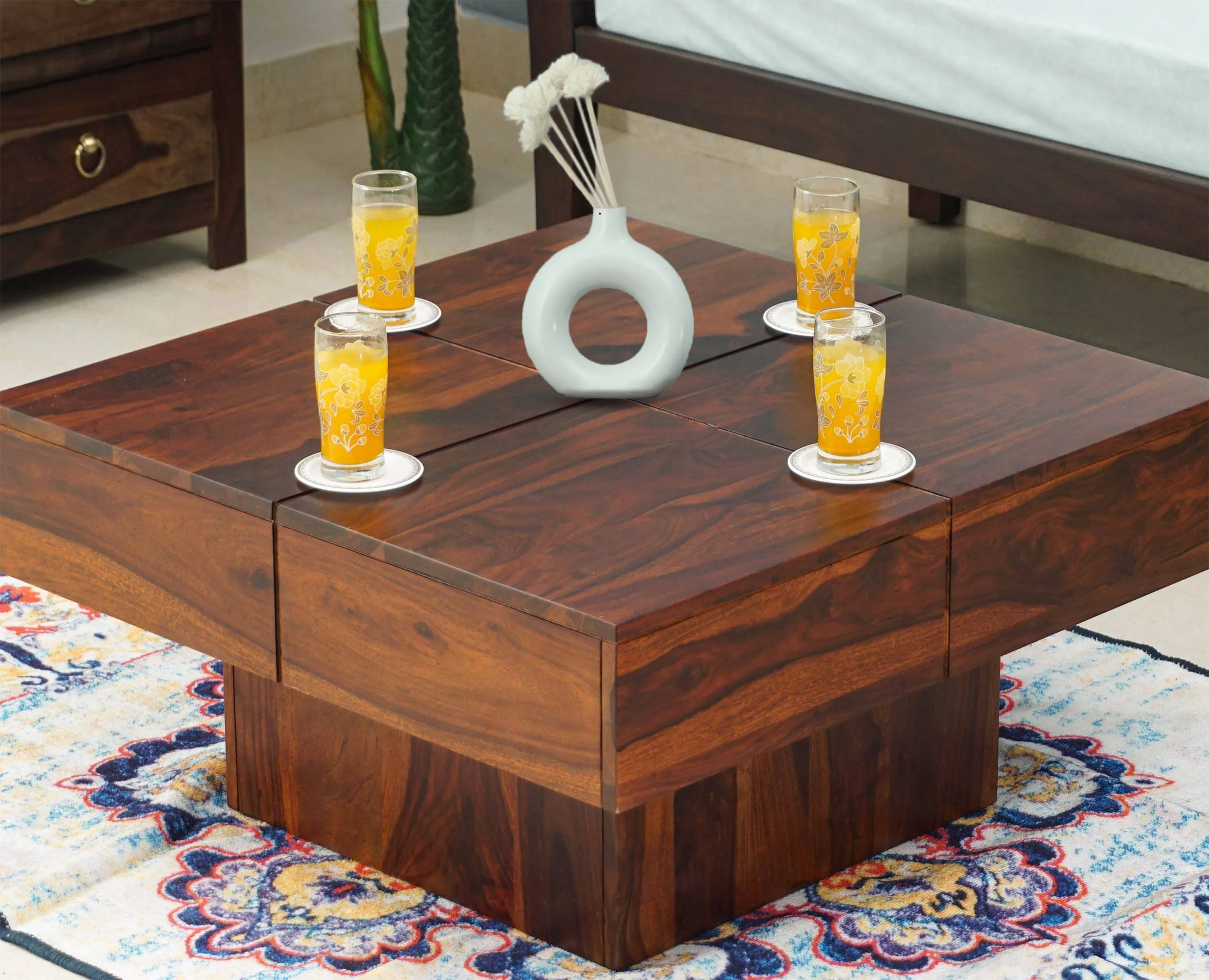 WOODEFLY Sheesham Wooden Coffee Table for Living Room | Square Centre Table | Solid Wood Coffee Table with No Storage | Tea Table in Maple Finish