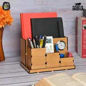 Wooden Multipurpose Desk Organizer | Table Clock | 4 Compartment Organizer