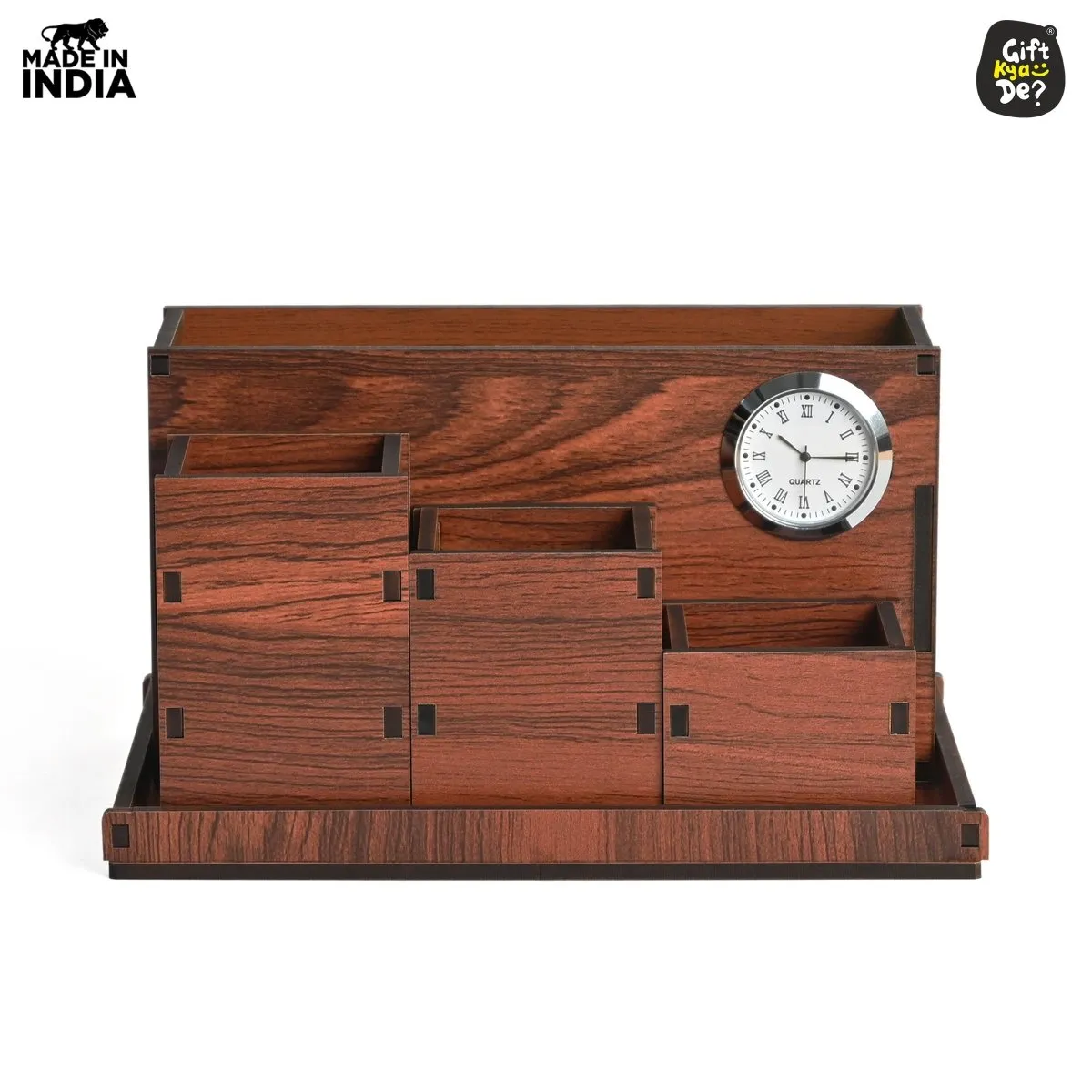 Wooden Multipurpose Desk Organizer | Table Clock | 4 Compartment Organizer