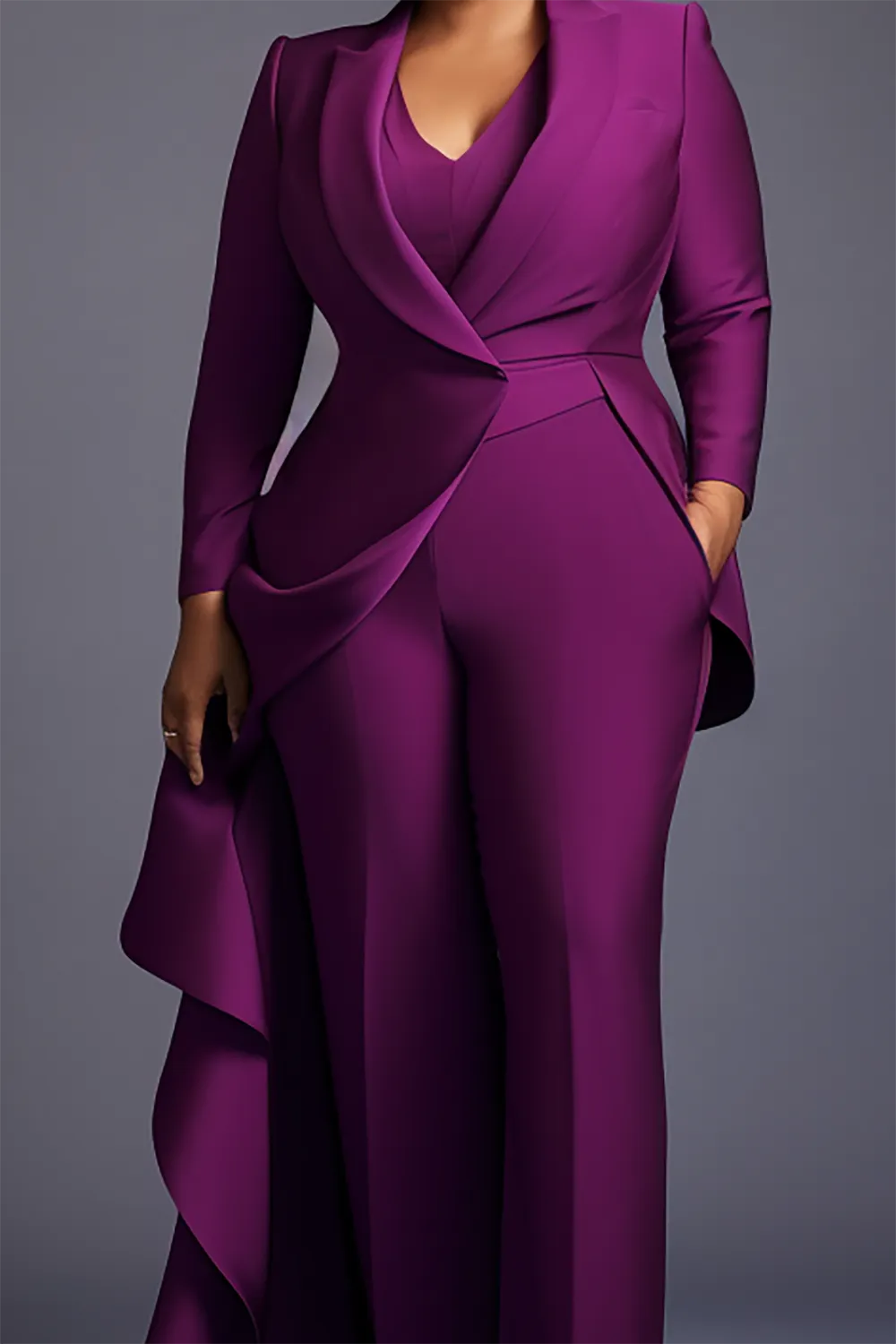 Xpluswear Design Plus Size Mother Of The Bride Elegant Purple Turndown Collar Long Sleeve Flounce Pockets Two Piece Pant Sets 