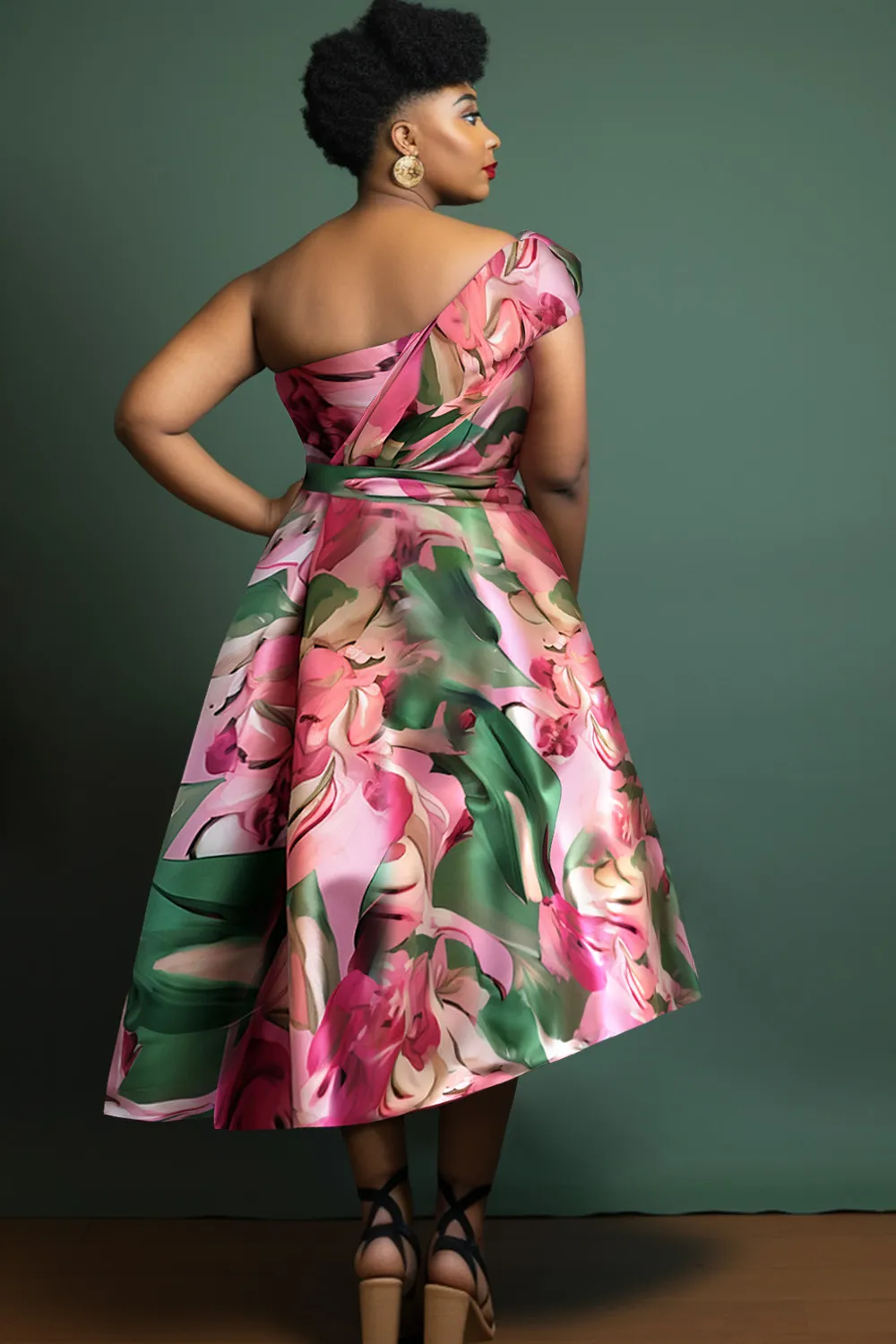 Xpluswear Design Plus Size Semi Formal Elegant Pink All Over Print Floral Spring Summer One Shoulder Satin Midi Dresses 