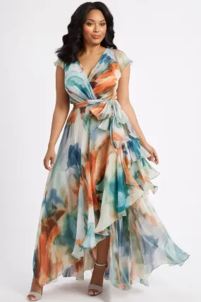 Xpluswear Design Plus Size Semi Formal Multicolor All Over Print Wrap Neck Short Sleeve Ruffle Irregular Hem Chiffon Maxi Dresses