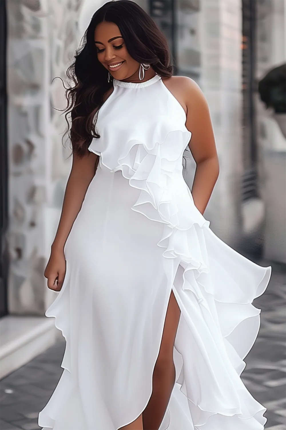 Xpluswear Design Plus Size Wedding White Halter Collar Split Ruffle Maxi Dresses