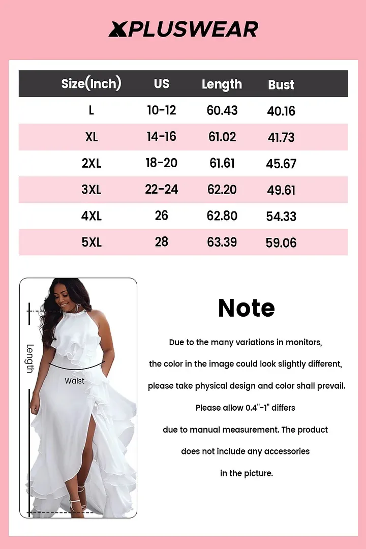 Xpluswear Design Plus Size Wedding White Halter Collar Split Ruffle Maxi Dresses