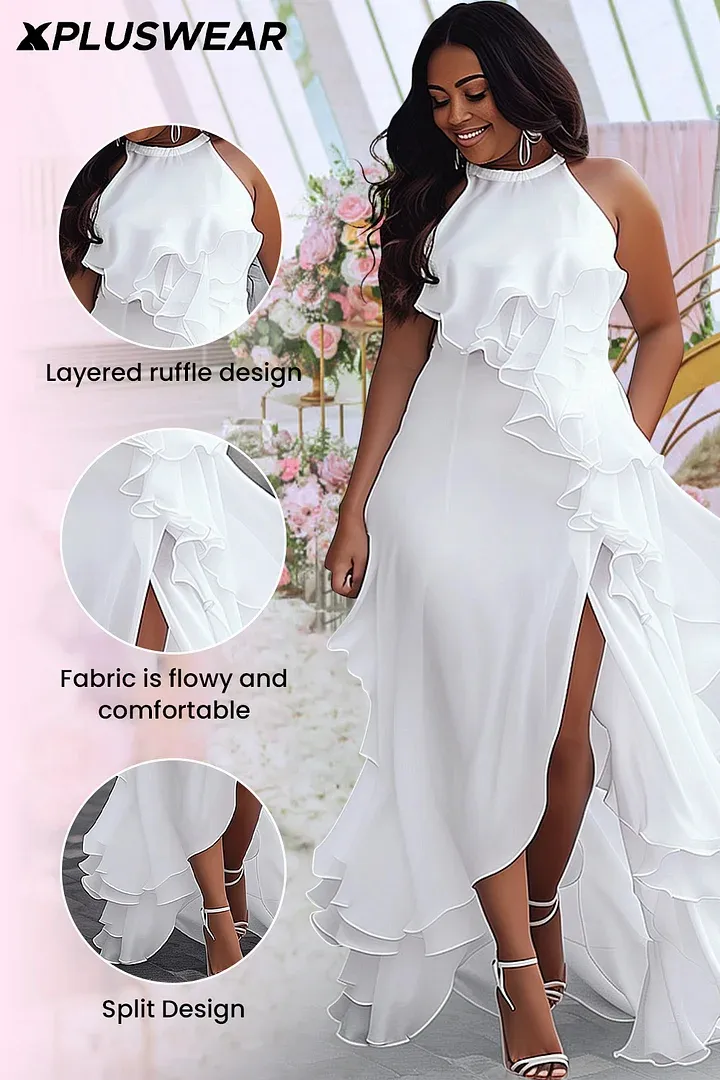 Xpluswear Design Plus Size Wedding White Halter Collar Split Ruffle Maxi Dresses