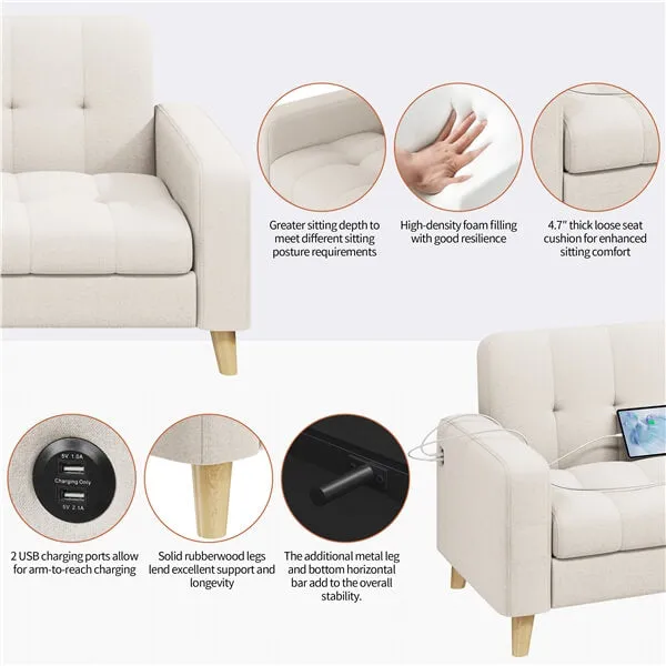 Yaheetech 2-Seater Fabric Sofa Loveseat with USB Ports