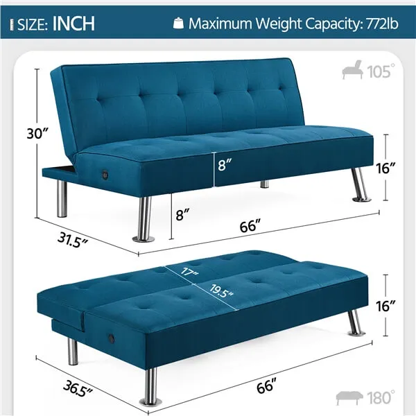 Yaheetech Convertible Futon Sofa Bed w/ USB Ports